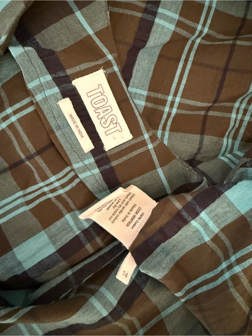 TOAST Astrid Seersucker Green & Teal Plaid V-Neck Midi Dress UK14 - Picture 7 of 7